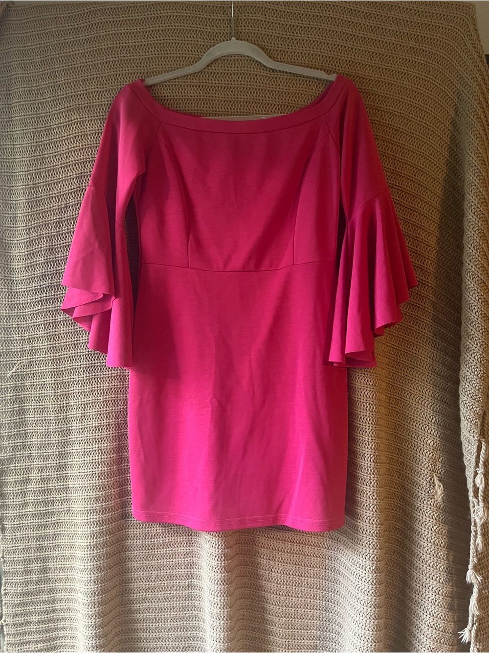 She + Sky Hot Pink Off-Shoulder Ruffle Sleeve Mini Dress